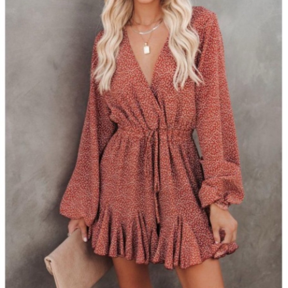 Luxxel cinnamon rust romper with cream dots, M